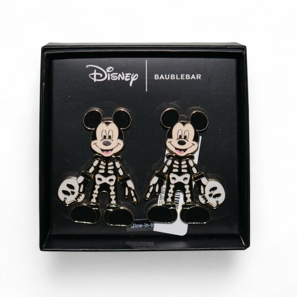 Disney Baublebar Halloween Mickey Skeleton Dangle Earrings Glow in The Dark NEW - Picture 2 of 7